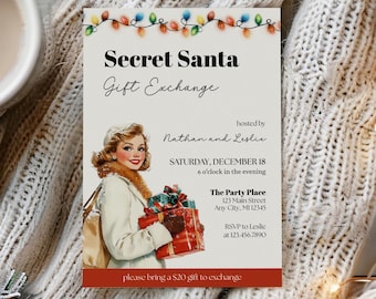 May include: Secret Santa Gift Exchange invitation with a vintage illustration of a woman holding gifts. The invitation includes event details, such as the date, time, location, and RSVP information. The invitation is decorated with string lights.