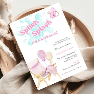 Puede incluir: Una invitación para baby shower con el texto "Splish Splash, It's a Baby Bash!" en rosa y azul. La invitación incluye un chupete, globos y una ilustración de silla de playa. Incluye fecha, hora y lugar.