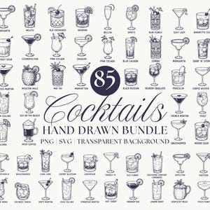 May include: A collection of 85 hand-drawn cocktail illustrations in dark blue ink on a light background. Each drink is labeled with its name, including classics like Martini, Margarita, and Mojito. The text reads 85 Cocktails Hand Drawn Bundle.