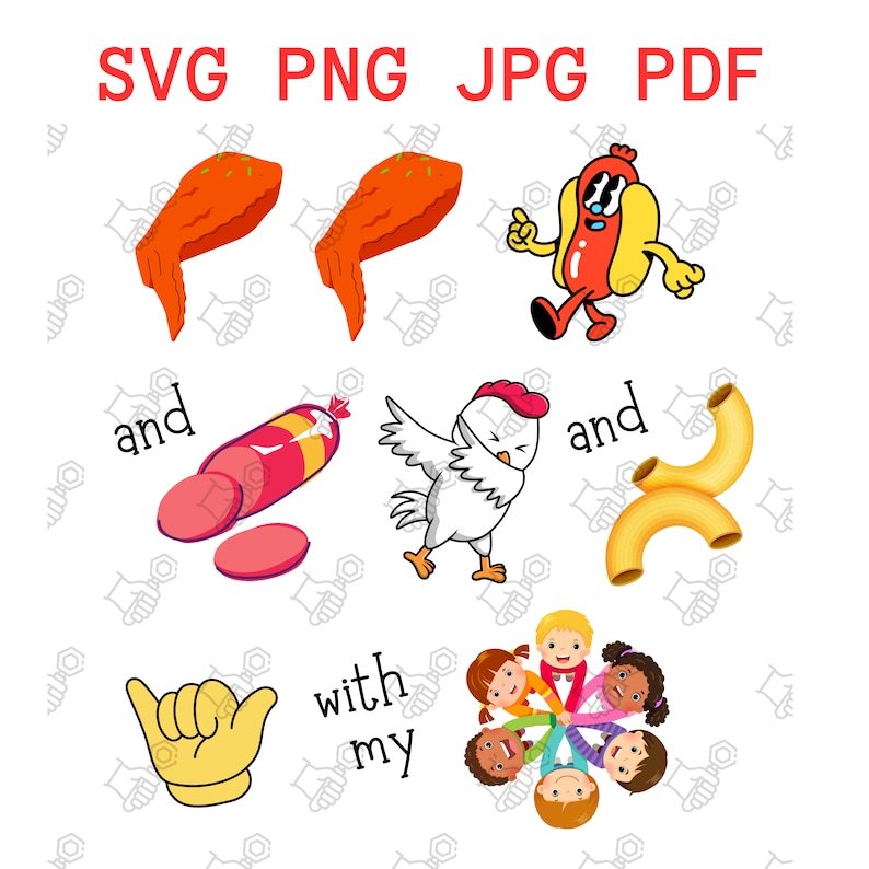 May include: A digital illustration of a set of food-themed clip art images. The images include a hot dog, chicken, pasta, sausage, and chicken wings. The text "and" and "with my" are also included in the image.