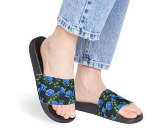 Sandalias con estampado de rosas azules / Sandalias tipo chancla con estampado floral