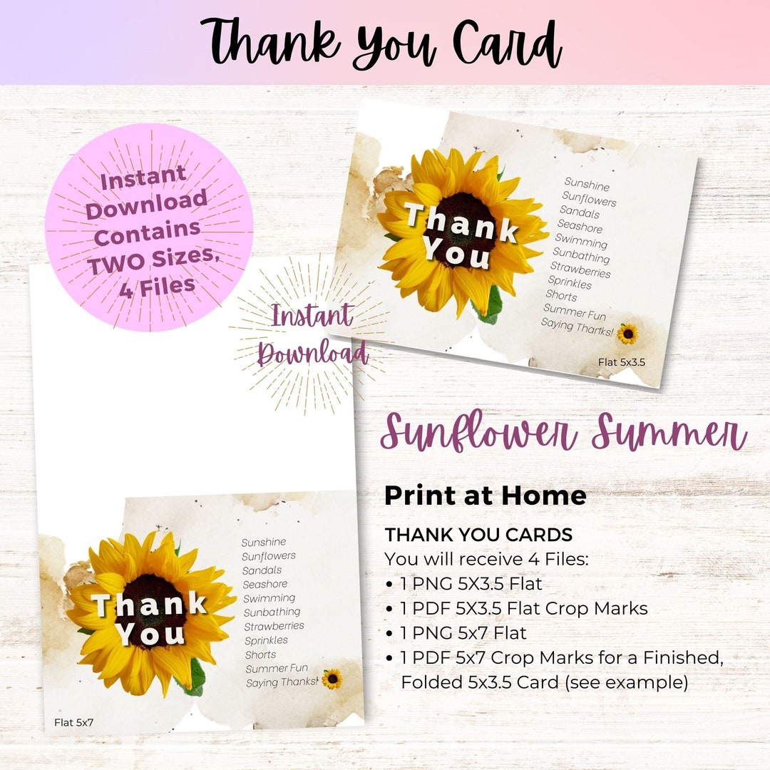 Sunflower Thank You Card, Instant Download, 5x3.5, 5x7 - Etsy