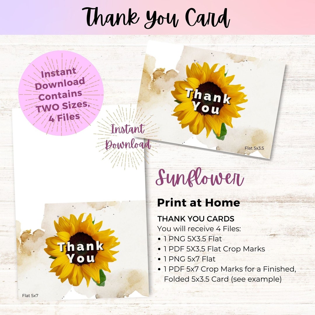 Sunflower Thank You Card Instant Download 5x3.5 5x7 - Etsy
