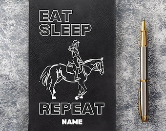 Diario ecuestre, Eat Sleep Ride, cuero vegano, regalo para amantes de los caballos, páginas rayadas