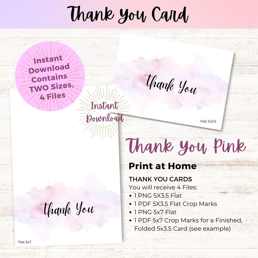 PINK Thank You Card, Instant Download, 5x3.5, 5x7 - Etsy