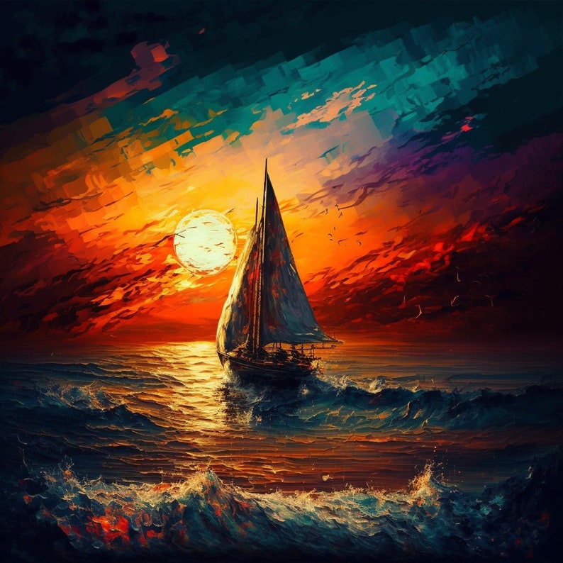 May include: A sailboat with white sails navigates through choppy waters at sunset. The sky is a vibrant mix of orange, red, purple, and blue, with a large, bright moon visible in the distance.