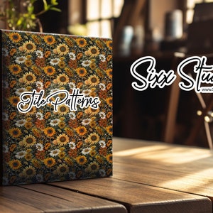 May include: A box with a sunflower and daisy pattern on the front. The box is labeled "Tile Patterns" and has the text "Sixx Studio" and a website address on the side.