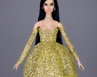 Glitter gold dress for fashion royalty or Nuface doll clothes