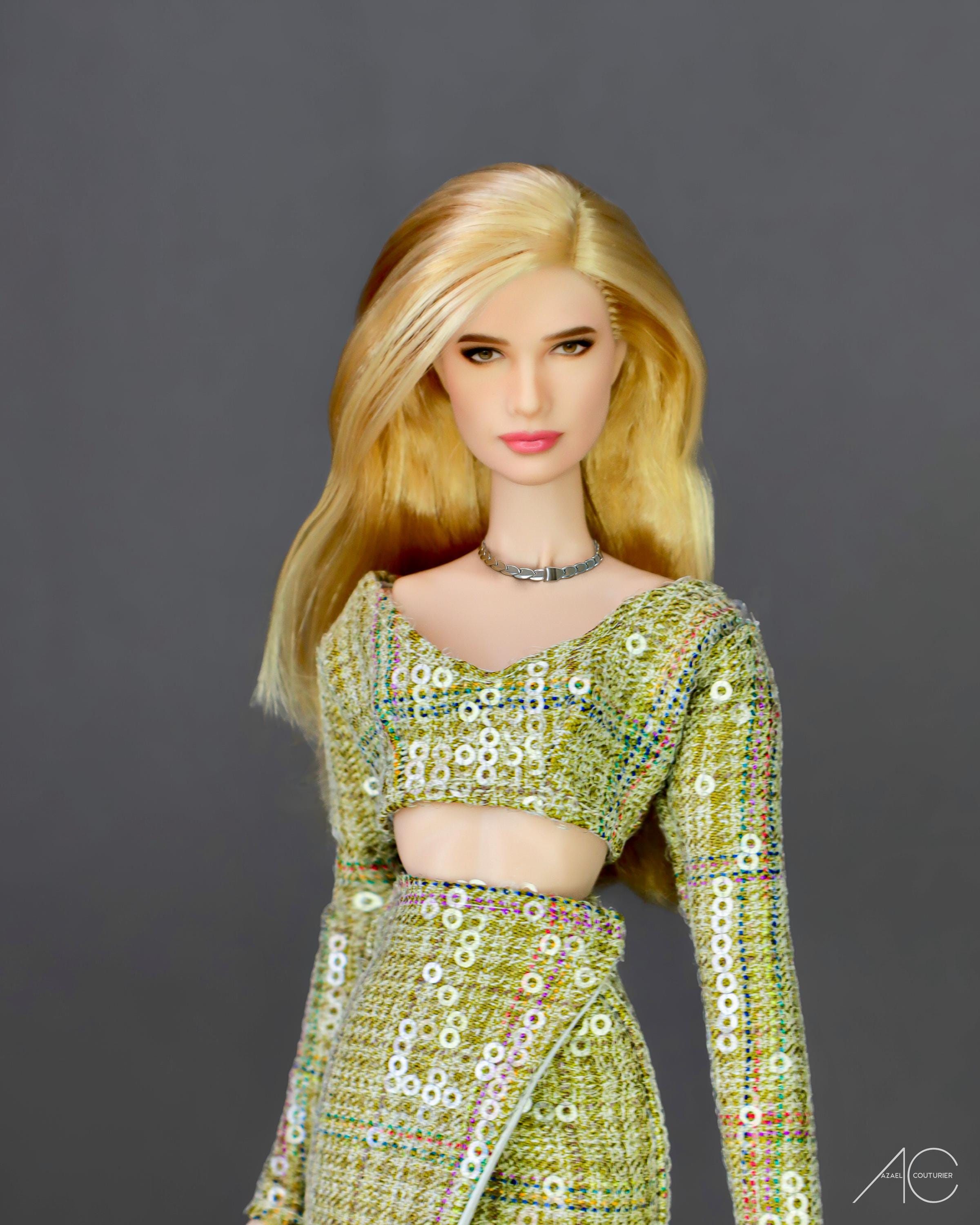 Top with school pattern green/light brown for fashion royalty or Nu face doll clothes