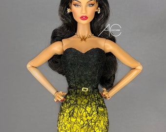 Bicolor yellow and black dress for fashion royalty or Nuface doll clothes