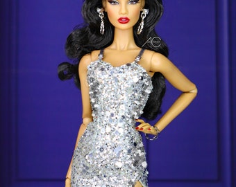 Little silver dress for fashion royalty or Nuface doll clothes
