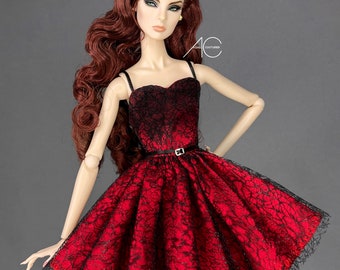 Black and red dress for fashion royalty or Nuface doll clothes doll dress