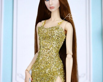 Little gold dress for fashion royalty or Nuface doll clothes