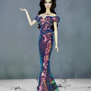 Holographic blue sequin dress for fashion royalty  or Nu face doll clothes. By Azaelcouture