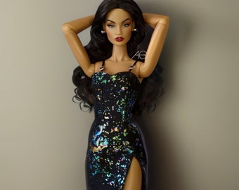 Holographic black little dress for fashion royalty or Nuface doll clothes