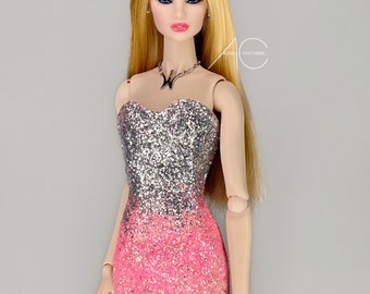 Glitzerkleid rosa für Fashion Royale oder Nuface Puppenkleidung Barbie Model Muse oder Pivotal