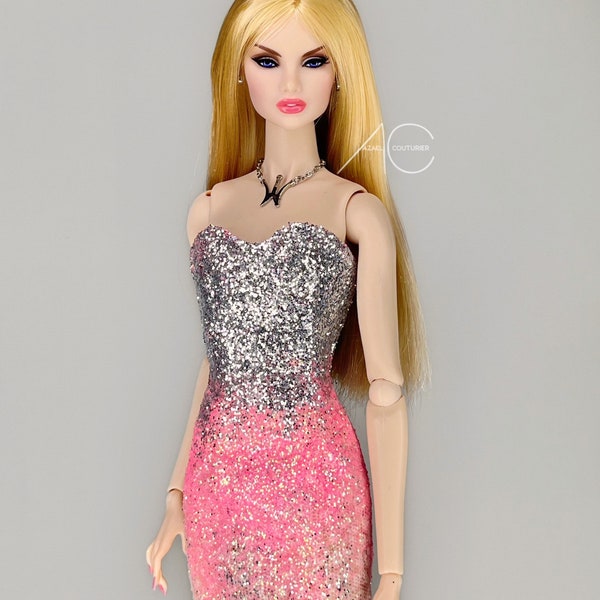 Glitter dress pink for fashion royalty or Nuface doll clothes Barbie model muse or pivotal