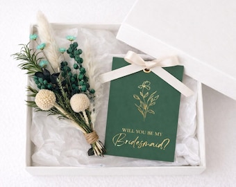 Bridesmaid Proposal Gift Box, Dried Flower Bouquet, Green Card Keepsake