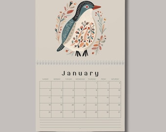 2026 Scandinavian Birds Folk Art Wall Calendar, Hygge Home Office Decor, Nordic 12 Month Planner