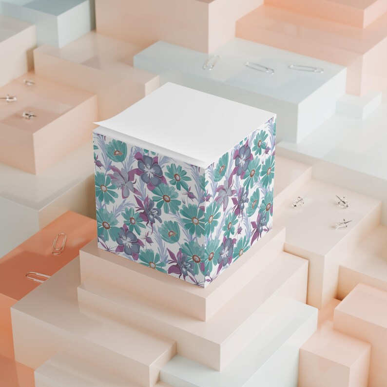Turquoise Sticky Note Watercolor Floral Sticky Note Cube: Purple & Turquoise Desk Decor - Etsy