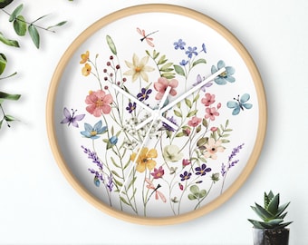 Wildflower Wall Clock, Colorful Floral Kitchen Clock, Botanical Home Decor, Nature Lover Gift
