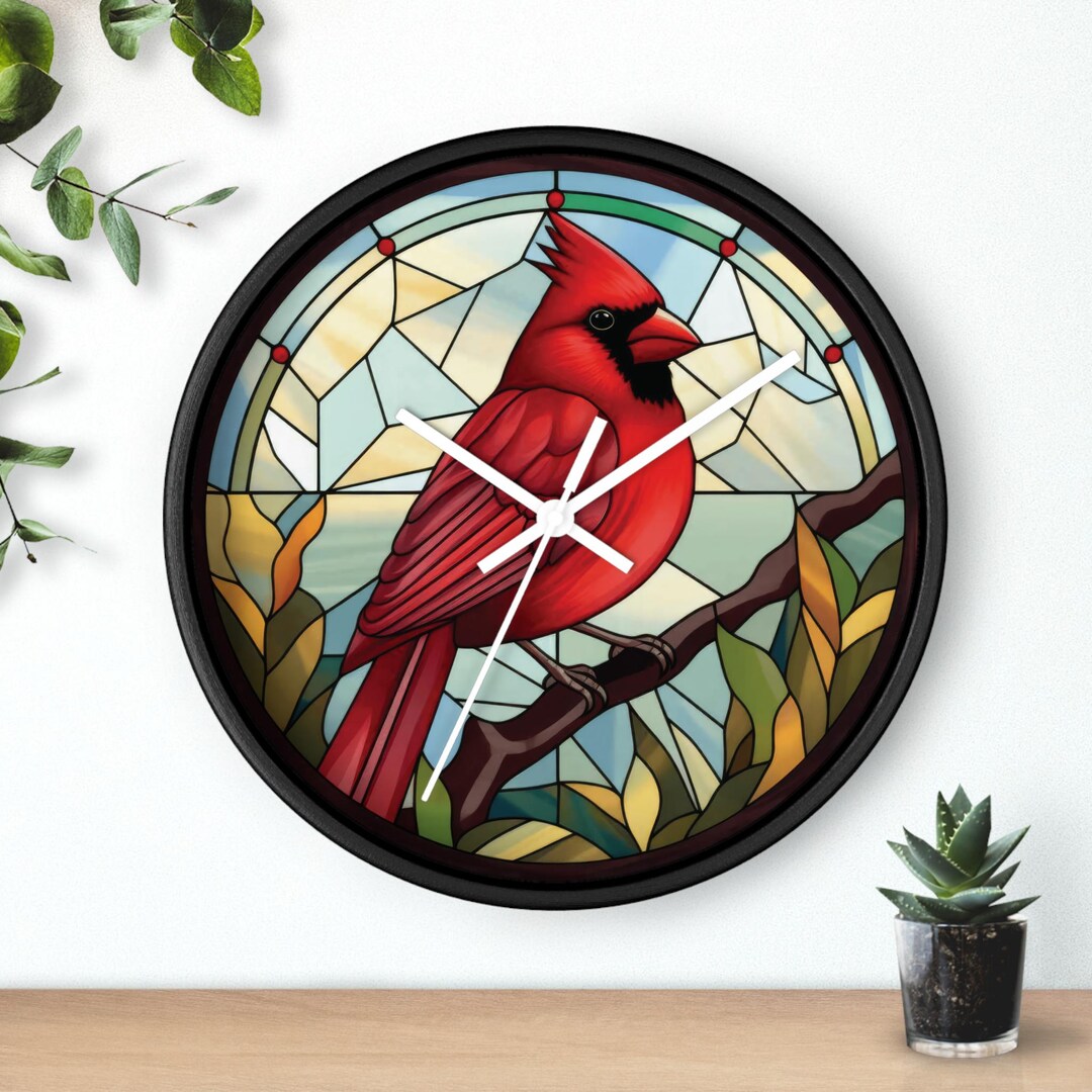 Northern Cardinal Bird Wall Clock, Art Glass Style Round Clock, Red ...