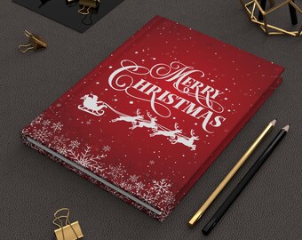 Merry Christmas Hardcover Journal, Santa Sleigh Lined Notebook, Secret Santa Gift, Stocking Stuffer