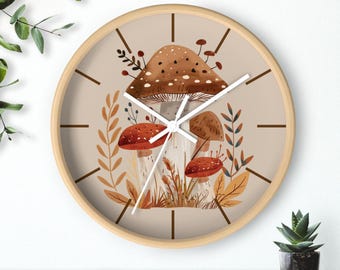 Botanical Mushroom Wall Clock, Cottagecore Folk Art Round Kitchen Clock, Nature Inspired Housewarming Gift
