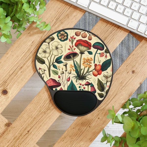 Botanical Mushroom Mouse Pad With Wrist Rest, Cottagecore Wrist Rest Mouse Pad, Ergonomic Mouse Pad, Floral Mouse Pad
