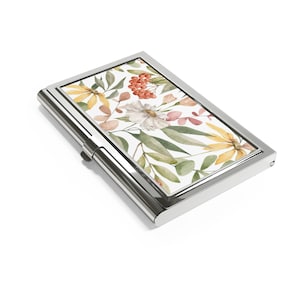 Floral Business Card Holder: Botanical Pattern, Polished Metal Card Case