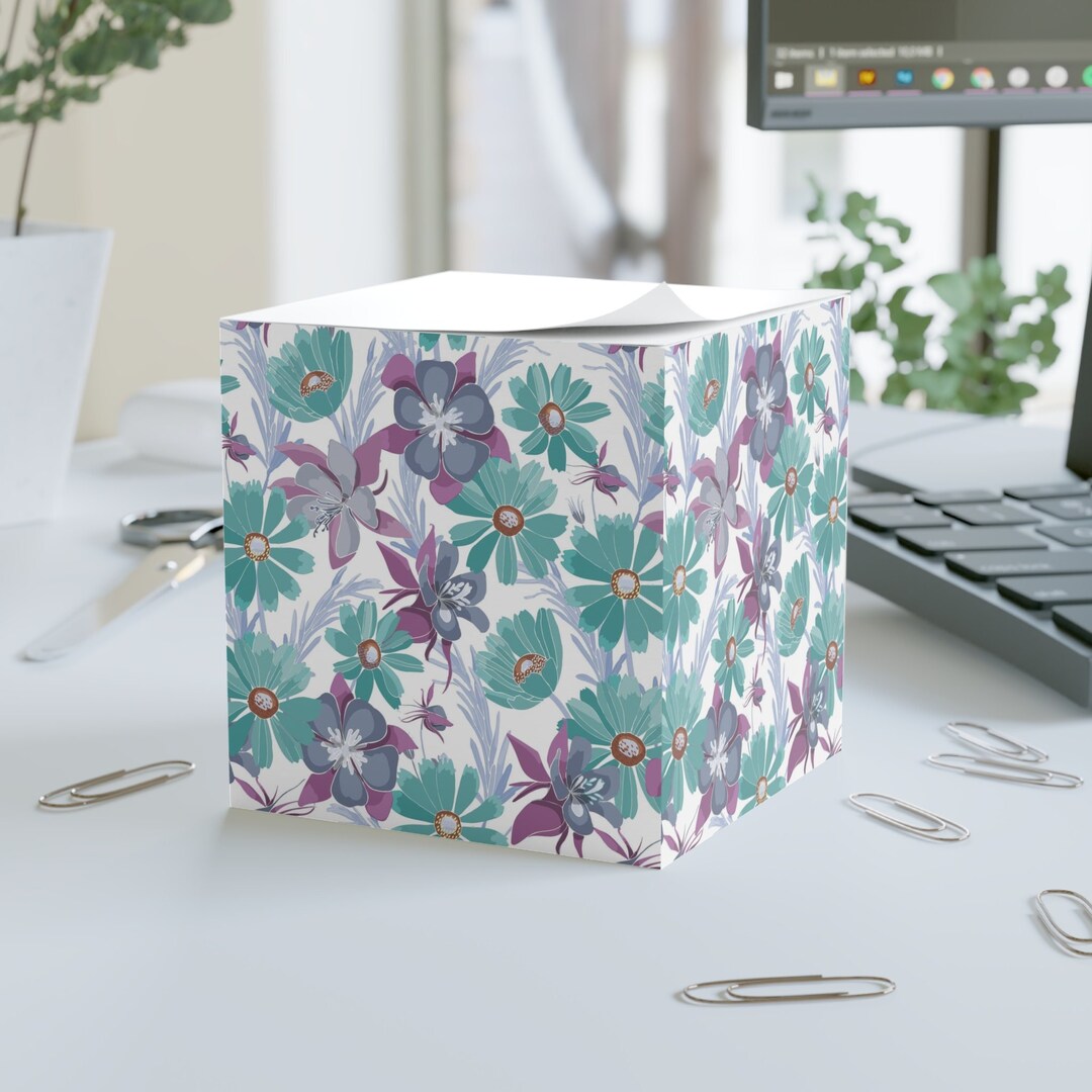 Turquoise Sticky Note Watercolor Floral Sticky Note Cube: Purple & Turquoise Desk Decor - Etsy