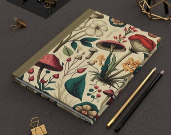 Botanical Mushroom Hardcover Journal, Cottagecore Lined Hard Cover Notebook, Floral Stationery Gift