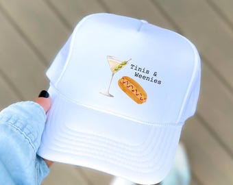 Tinis and Weenies Trucker Hat, Summer Party Hat for women, Hot Dog party, Women’s Trucker Hats, Martini party gift, Weenies and Martinis