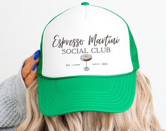 espresso martini trucker hat, social club hat, tini time hat, trendy summer trucker hat for women, summer cocktail, bikinis and martinis
