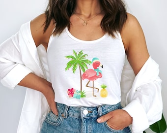 Camiseta sin mangas de Navidad en julio, camiseta de Navidad tropical, camiseta de Papá Noel con flamenco, fiesta de Navidad en julio, vacaciones de Navidad, camiseta sin mangas de Navidad isleña