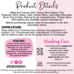 Peut inclure: D&eacute;tails du produit pour un t-shirt en jersey &agrave; manches courtes Bella + Canvas 3001. Le texte d&eacute;crit le tissu, la coupe et les options de taille. Il comprend &eacute;galement des informations sur l'exp&eacute;dition et les retours, ainsi que des instructions de lavage. Le texte comprend le nom de profil sur les r&eacute;seaux sociaux @NEWDESIGNSBYJ.