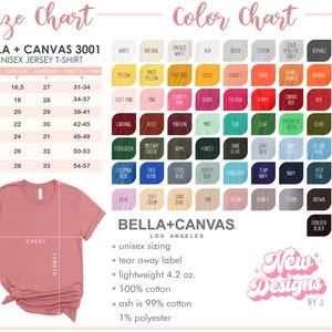 Peut inclure: Tableau des tailles pour le t-shirt en jersey unisexe Bella + Canvas 3001. Le tableau pr&eacute;sente les tailles XS &agrave; 3XL avec les mesures de poitrine, de longueur et de tour de poitrine correspondantes en pouces. Un tableau des couleurs affiche une vari&eacute;t&eacute; de couleurs, notamment le blanc, le naturel, le blanc vintage, le gris cendr&eacute;, l'argent, le citron, le gris athl&eacute;tique uni, l'asphalte, le gris fonc&eacute;, le jaune, le jaune ma&iuml;s, la moutarde, l'or, le coucher de soleil, le corail, l'orange br&ucirc;l&eacute;, l'orange, l'automne, le rose p&acirc;le, le rose, le rose charit&eacute;, la baie, le fuchsia, le coquelicot, le rouge toile, le rouge, le mauve, le cardinal, la rouille, le marron, la menthe, le bleu sarcelle, la feuille, le vert synth&eacute;tique, l'olive, le kelly, le vert &eacute;meraude, le vert militaire, l'arm&eacute;e, la for&ecirc;t, l'olive fonc&eacute;, le bleu clair, le bleu b&eacute;b&eacute;, le bleu oc&eacute;an, l'aqua, le bleu columbia, le bleu royal v&eacute;ritable, le bleu acier, le bleu poussi&eacute;reux, la turquoise, le bleu marine d'&eacute;quipe, le bleu marine, le bleu marine fonc&eacute;, le violet d'&eacute;quipe, le lilas, la cr&egrave;me douce, la dune de sable, le bronzage, l'orchid&eacute;e, le galet, la temp&ecirc;te, le brun, le noir, le noir sang de boeuf, le noir vintage.