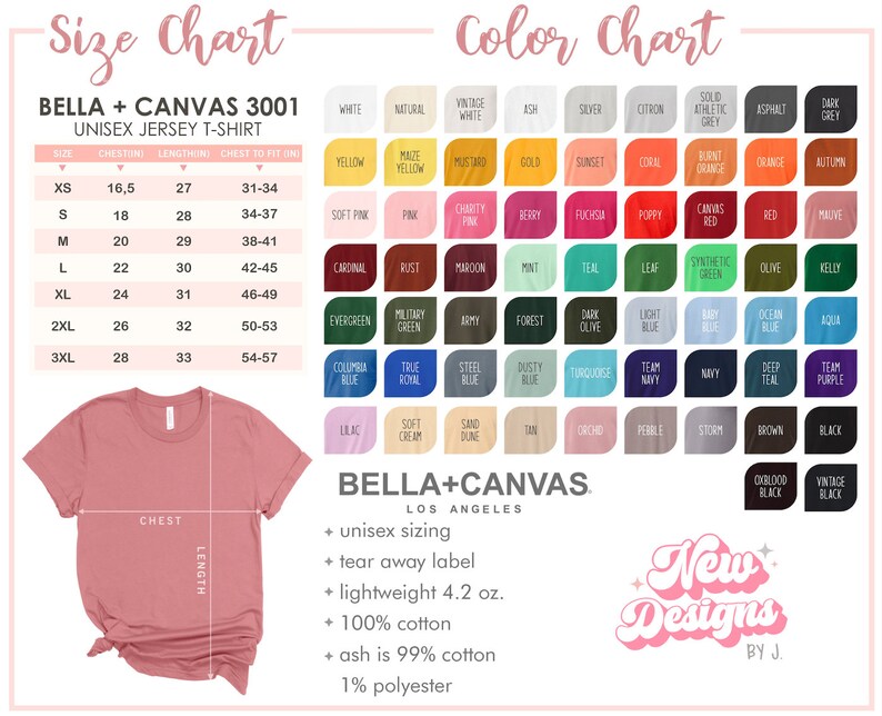 Peut inclure: Tableau des tailles pour le t-shirt en jersey unisexe Bella + Canvas 3001. Le tableau pr&eacute;sente les tailles XS &agrave; 3XL avec les mesures de poitrine, de longueur et de tour de poitrine correspondantes en pouces. Un tableau des couleurs affiche une vari&eacute;t&eacute; de couleurs, notamment le blanc, le naturel, le blanc vintage, le gris cendr&eacute;, l'argent, le citron, le gris athl&eacute;tique uni, l'asphalte, le gris fonc&eacute;, le jaune, le jaune ma&iuml;s, la moutarde, l'or, le coucher de soleil, le corail, l'orange br&ucirc;l&eacute;, l'orange, l'automne, le rose p&acirc;le, le rose, le rose charit&eacute;, la baie, le fuchsia, le coquelicot, le rouge toile, le rouge, le mauve, le cardinal, la rouille, le marron, la menthe, le bleu sarcelle, la feuille, le vert synth&eacute;tique, l'olive, le kelly, le vert &eacute;meraude, le vert militaire, l'arm&eacute;e, la for&ecirc;t, l'olive fonc&eacute;, le bleu clair, le bleu b&eacute;b&eacute;, le bleu oc&eacute;an, l'aqua, le bleu columbia, le bleu royal v&eacute;ritable, le bleu acier, le bleu poussi&eacute;reux, la turquoise, le bleu marine d'&eacute;quipe, le bleu marine, le bleu marine fonc&eacute;, le violet d'&eacute;quipe, le lilas, la cr&egrave;me douce, la dune de sable, le bronzage, l'orchid&eacute;e, le galet, la temp&ecirc;te, le brun, le noir, le noir sang de boeuf, le noir vintage.