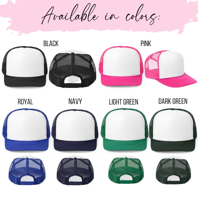 Op de afbeelding: Een set van 10 trucker caps in verschillende kleuren, waaronder zwart, roze, koninklijk blauw, marineblauw, lichtgroen, donkergroen en wit. De caps hebben een wit voorpaneel en een mesh achterpaneel.