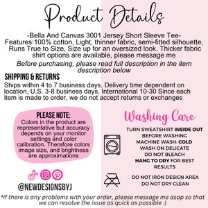 Puede incluir: Detalles del producto para una camiseta de manga corta de jersey Bella + Canvas 3001. El texto describe la tela, el ajuste y las opciones de tama&ntilde;o. Tambi&eacute;n incluye informaci&oacute;n sobre el env&iacute;o y la devoluci&oacute;n, as&iacute; como instrucciones de lavado. El texto incluye el nombre de perfil de redes sociales @NEWDESIGNSBYJ.