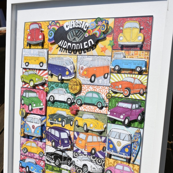 Für Oldtimerfans: Luftgekühlte VWs- alle legendären Klassiker als 3D Illustration in Pop Art. VW Käfer, VW Bulli, Typ 3, Karmann-Ghia.....