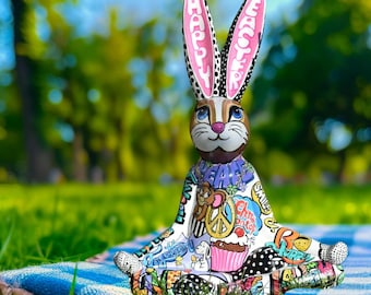 Pop art, comic art, large Easter bunny figurine, yoga, spring decoration, modern art, handmade, art object, designer art, Easter