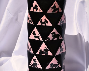 large particularly beautiful vase in black and pink, lovingly designed with dog motifs in paper cut design, with glitter elements