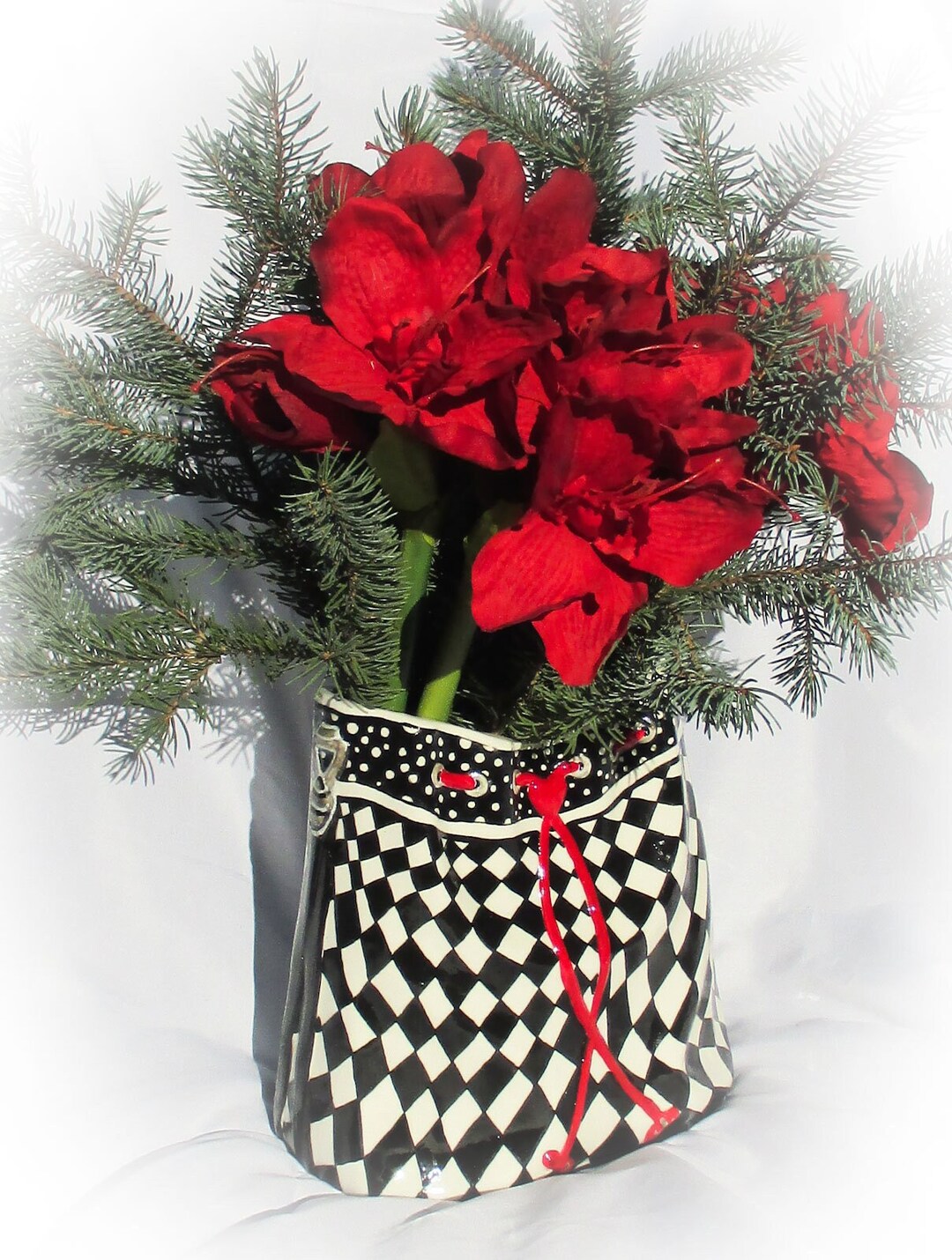 Large Designer Vase, Harlequin Pattern Black, White and Red, Luxurious