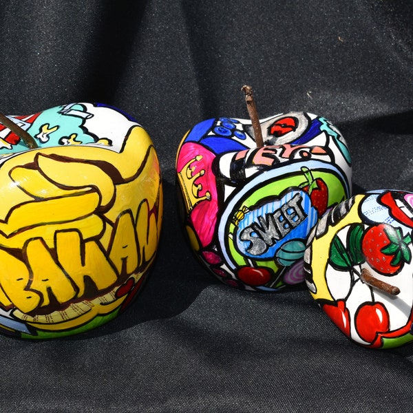 Pop Art - modern and unusual decorative object set of 3 apples colorful in Pop Art comic style hand-painted designer object