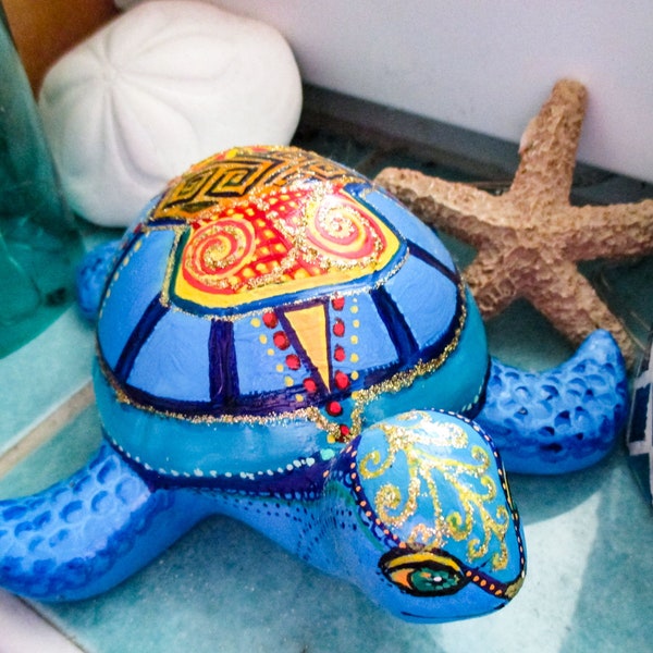 Handbemalte Keramikschildkröte, maritime Dekoration, Karibik,