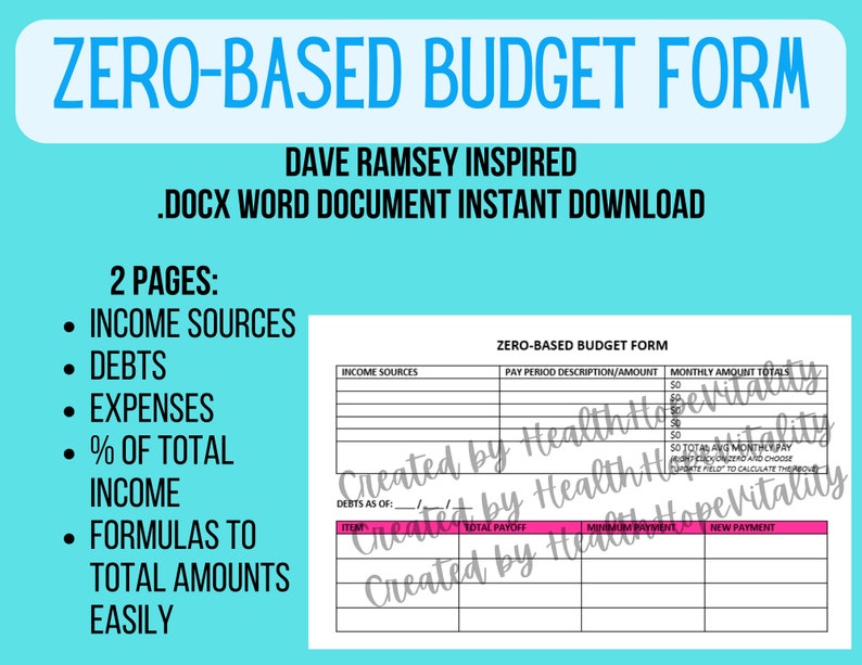 Zero Based Budget Form, Dave Ramsey Financial Peace, Blank Budget Form