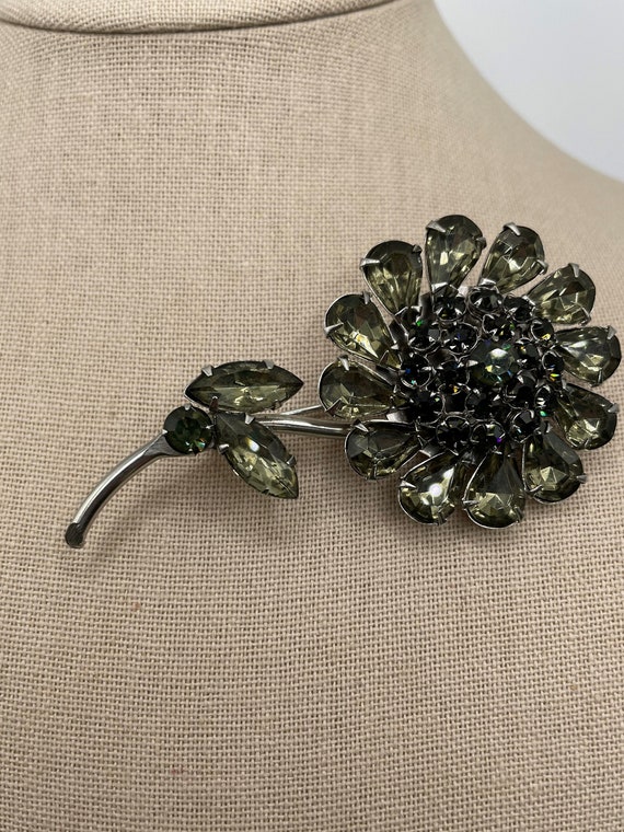 Vintage Gray Rhinestone Flower Brooch