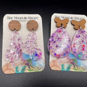 Harz Rosa Glitzer Ohrringe mit Holz Ohrstecker