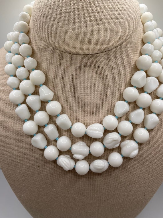 Vintage Marvella White Glass Three Strand Necklace